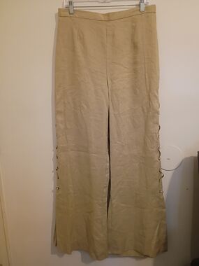 Beige Wide-Leg Lace-Up Side Pants